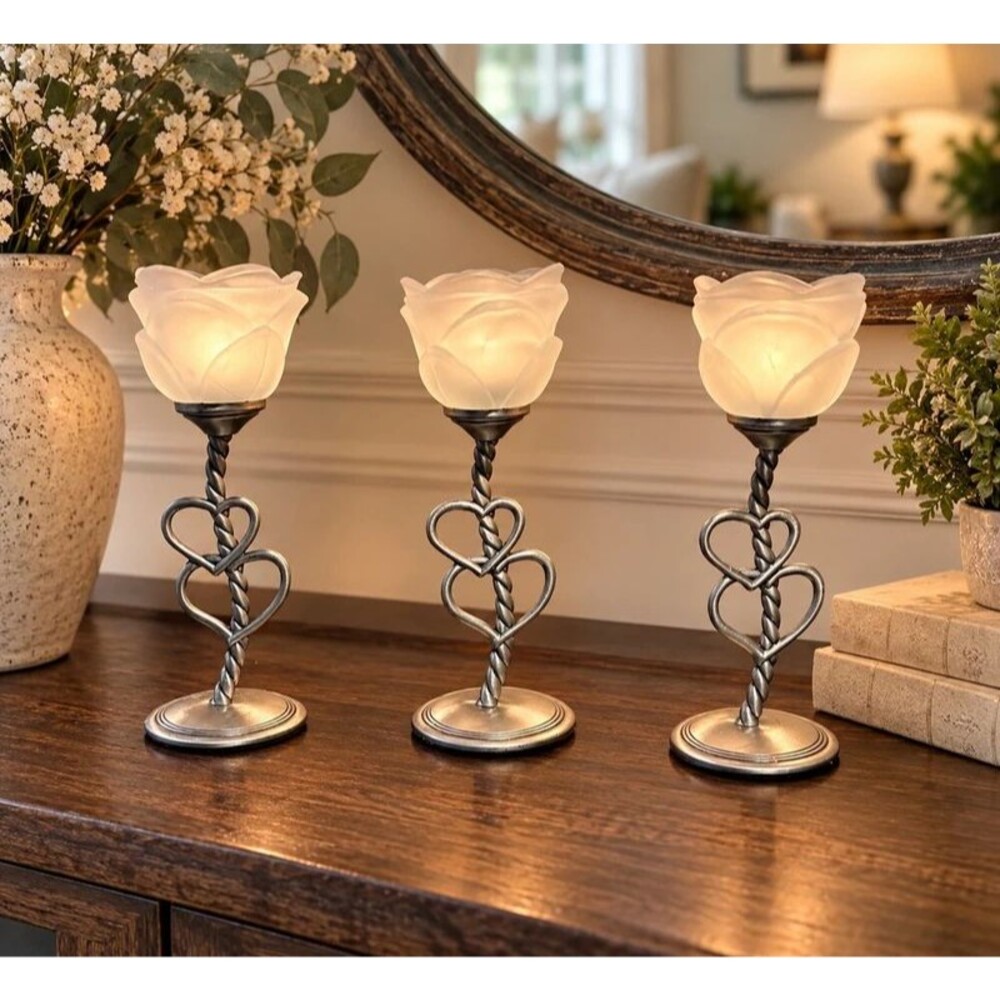 Set of 3 Vintage-Style Silver Heart & Frosted Glass Rose Candle Holders